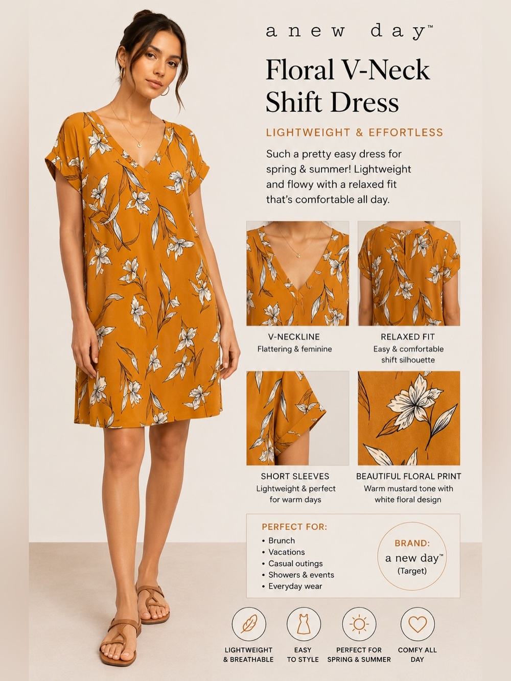 Mustard Floral Shift Dress | Lightweight Boho Mini Dress